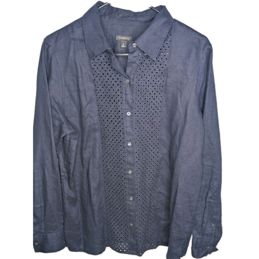 Talbots Womens Long Sleeve Button Up Top Medium 100% Linen Peekaboo Details Blue